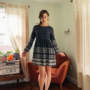 Navy patterned babydoll dress